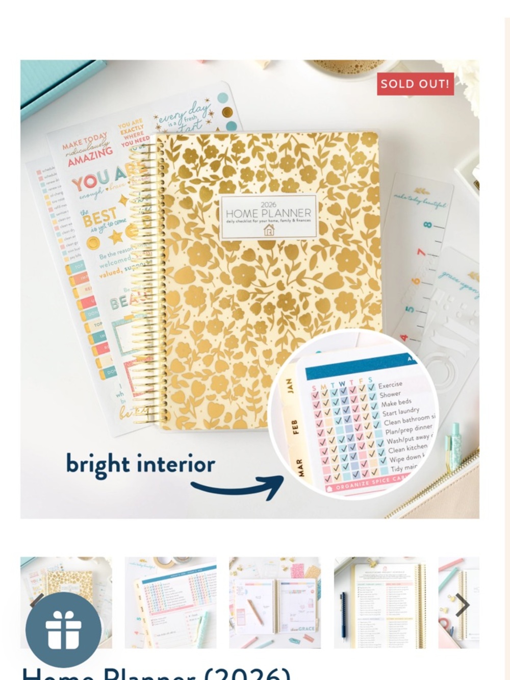 Passionate Penny Pincher 2026 Home Planner Spiral Notebook in Gold Floral